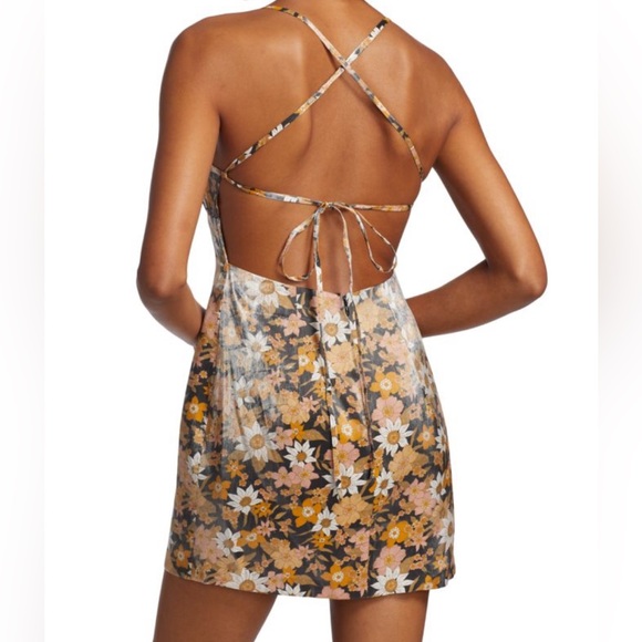 Revolve Rumer Paloma Mini Dress Black ShimmerFloral design Open Back Ruched Top - Picture 5 of 12